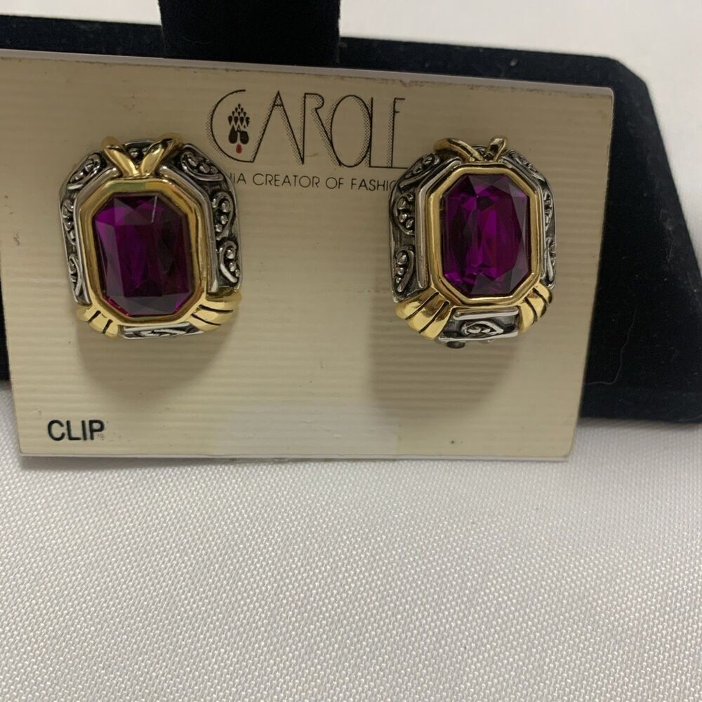 Vintage Carole Two Tones Clip Earrings Designer Jewelry Amethyst Stone - Picture 4 of 16